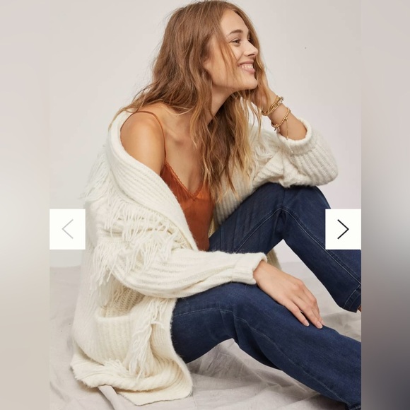 Western Boho bohemian 70s White Fringe Cardigan Sweater Chicos Size 16 (3) - Picture 2 of 11